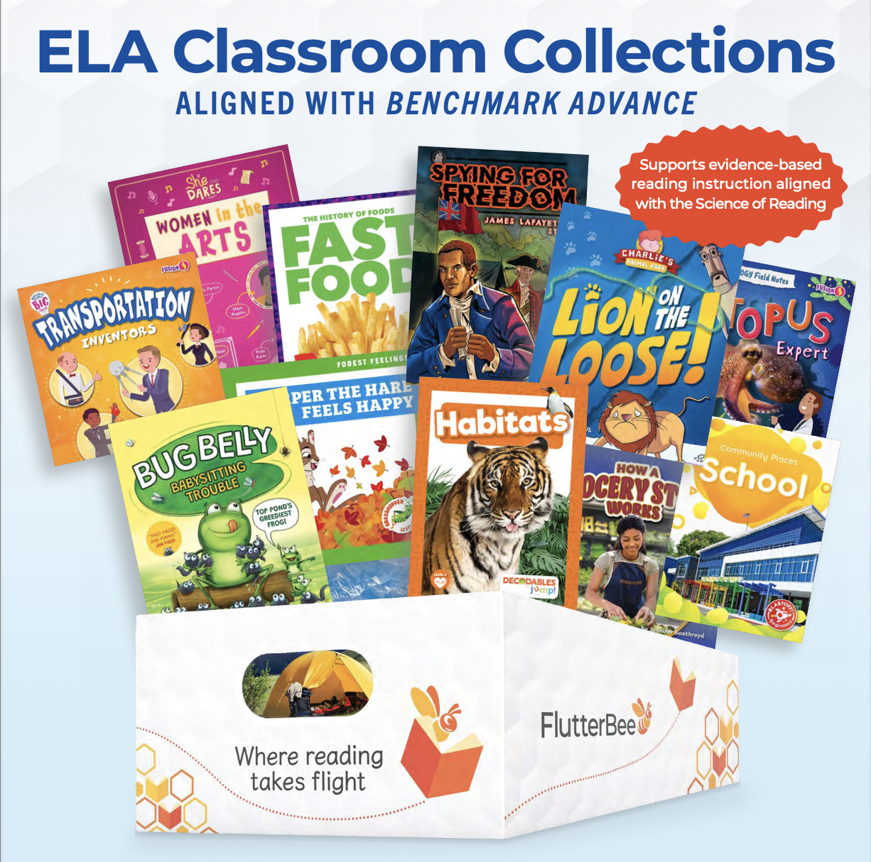 FlutterBee ELA Classroom Collection bin with books fanned out