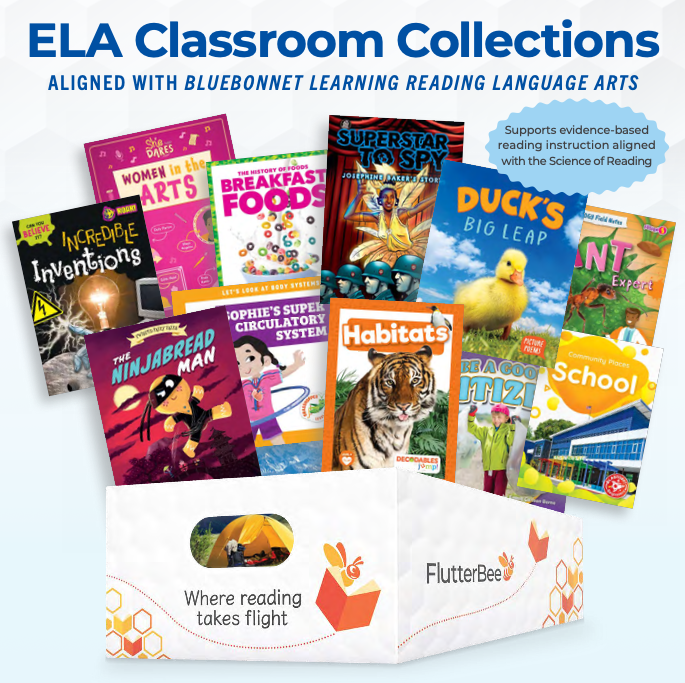 FlutterBee ELA Classroom Collection bin with books fanned out