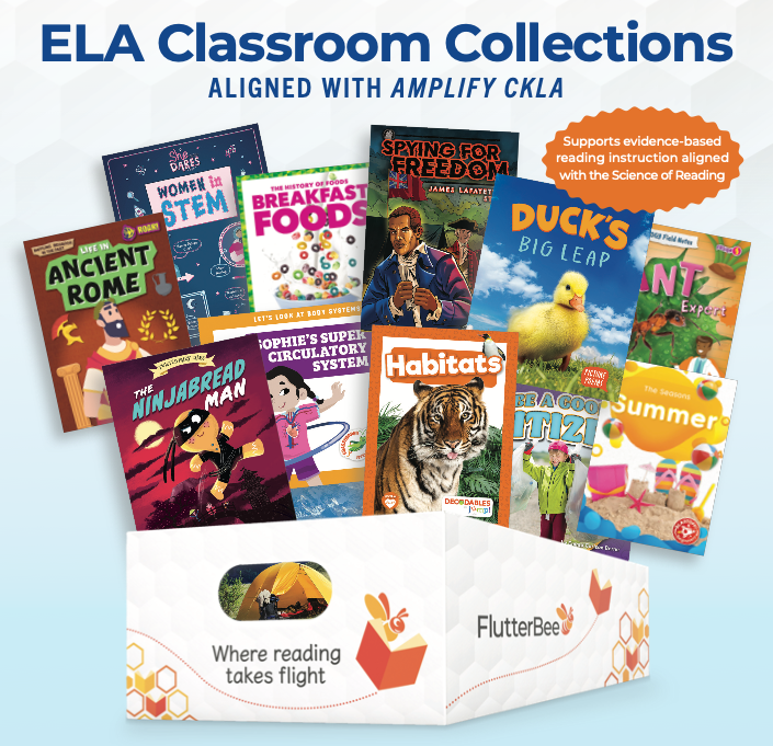 FlutterBee ELA Classroom Collection bin with books fanned out