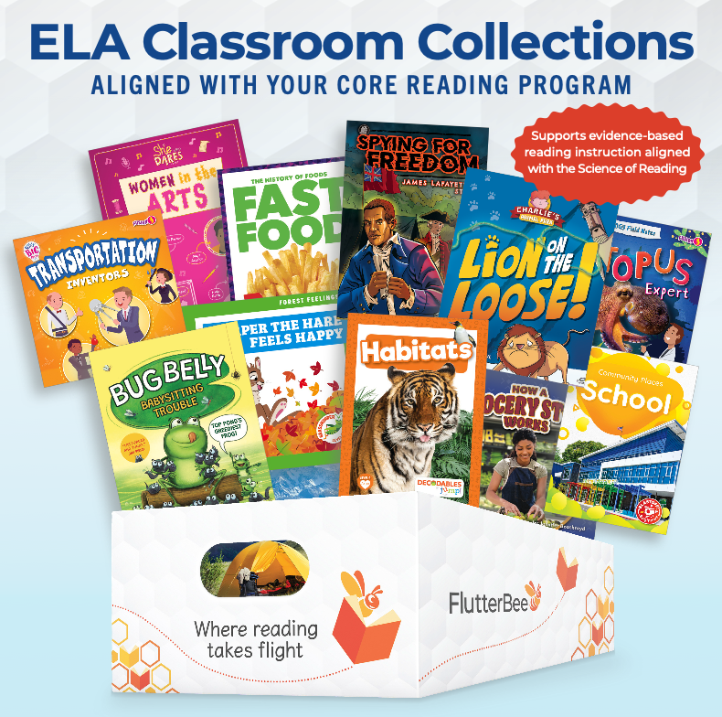 FlutterBee ELA Classroom Collection bin with books fanned out