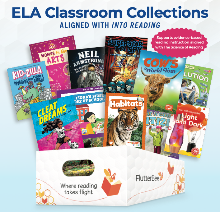 FlutterBee ELA Classroom Collection bin with books fanned out