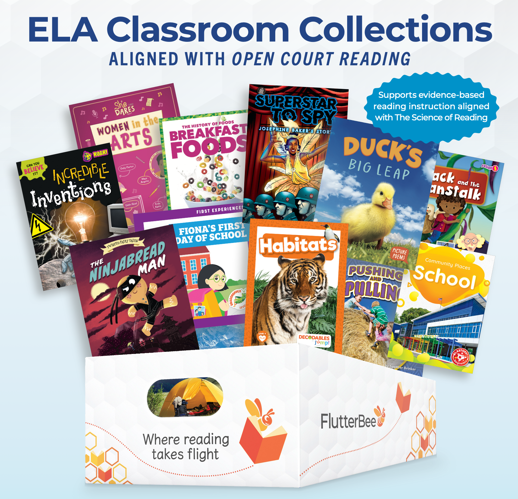 FlutterBee ELA Classroom Collection bin with books fanned out