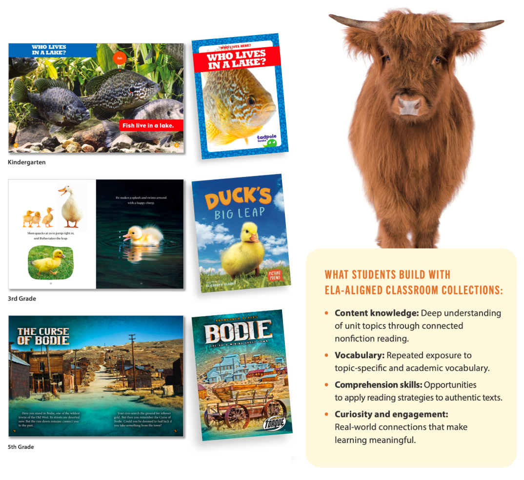 Alignment example showing <i>Open Court Reading</i>unit, matched FlutterBee title, and vocabulary highlight