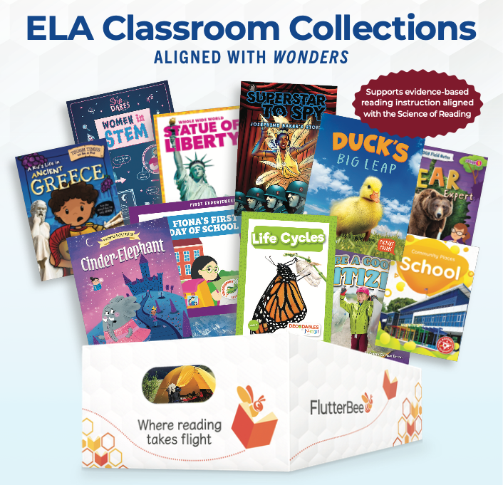 FlutterBee ELA Classroom Collection bin with books fanned out